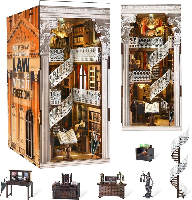 MiniCity DIY Book Nook Kit, Miniature Dollhouse Booknook Kit, 3D Wooden Puzzle Bookend Bookshelf Insert Decor with LED Light for Teens and Adults (Law Library) - Image 1